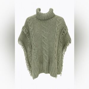 Sage Green Cable Knit Turtleneck Poncho Sweater Tassel Edges M Made in Italy